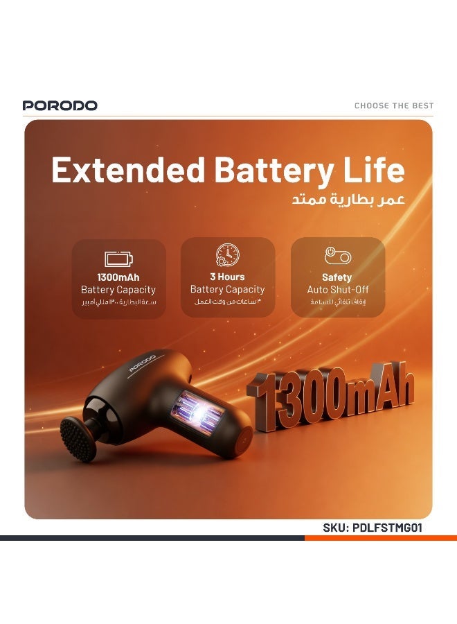 porodo Cordless Mini Massage Gun with 4 Interchangeable Heads & Adjustable Massage Intensity / 5 Speed Deep tissue Massage /Travel-friendly Massager for Home therap & Muscle recovery  - Black - Image 3